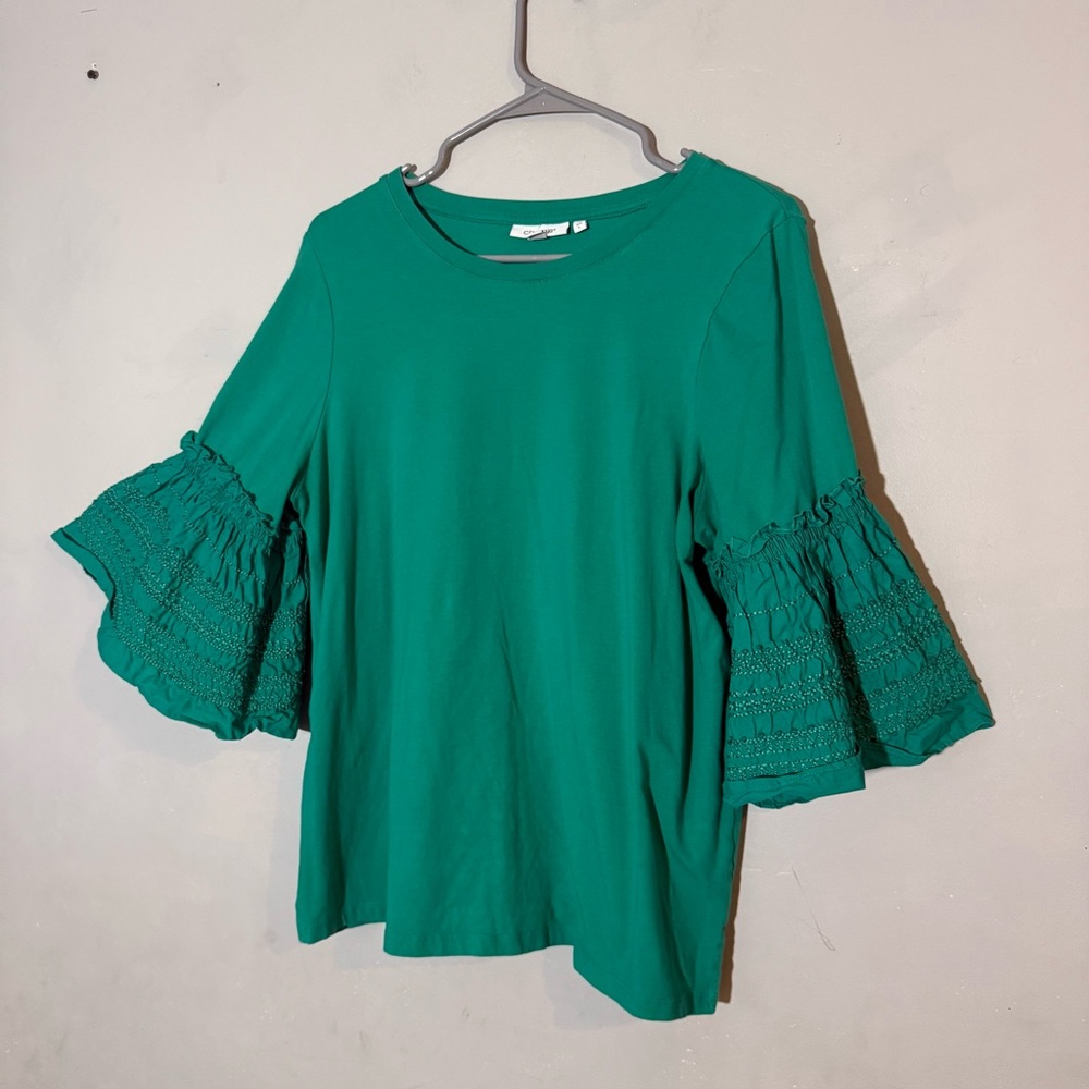 Chico's Tropical Jade Green Short Ruffle Trim Sleeve Top